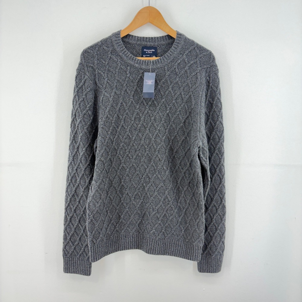 Abercrombie & Fitch Mens Gray Cable Knit Crew Neck Sweater L Cotton Preppy Layer